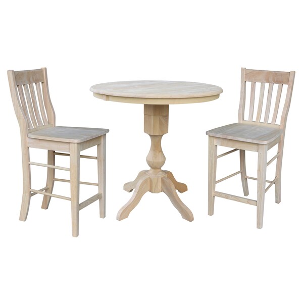 International Concepts Round 36 in Rd Extend Dining Table 34.9 inH, 2 Cafe Counter Ht Stools, Unfinished, 36 W, 48 L, Wood K-36RXT-11P-S6162-2 - main